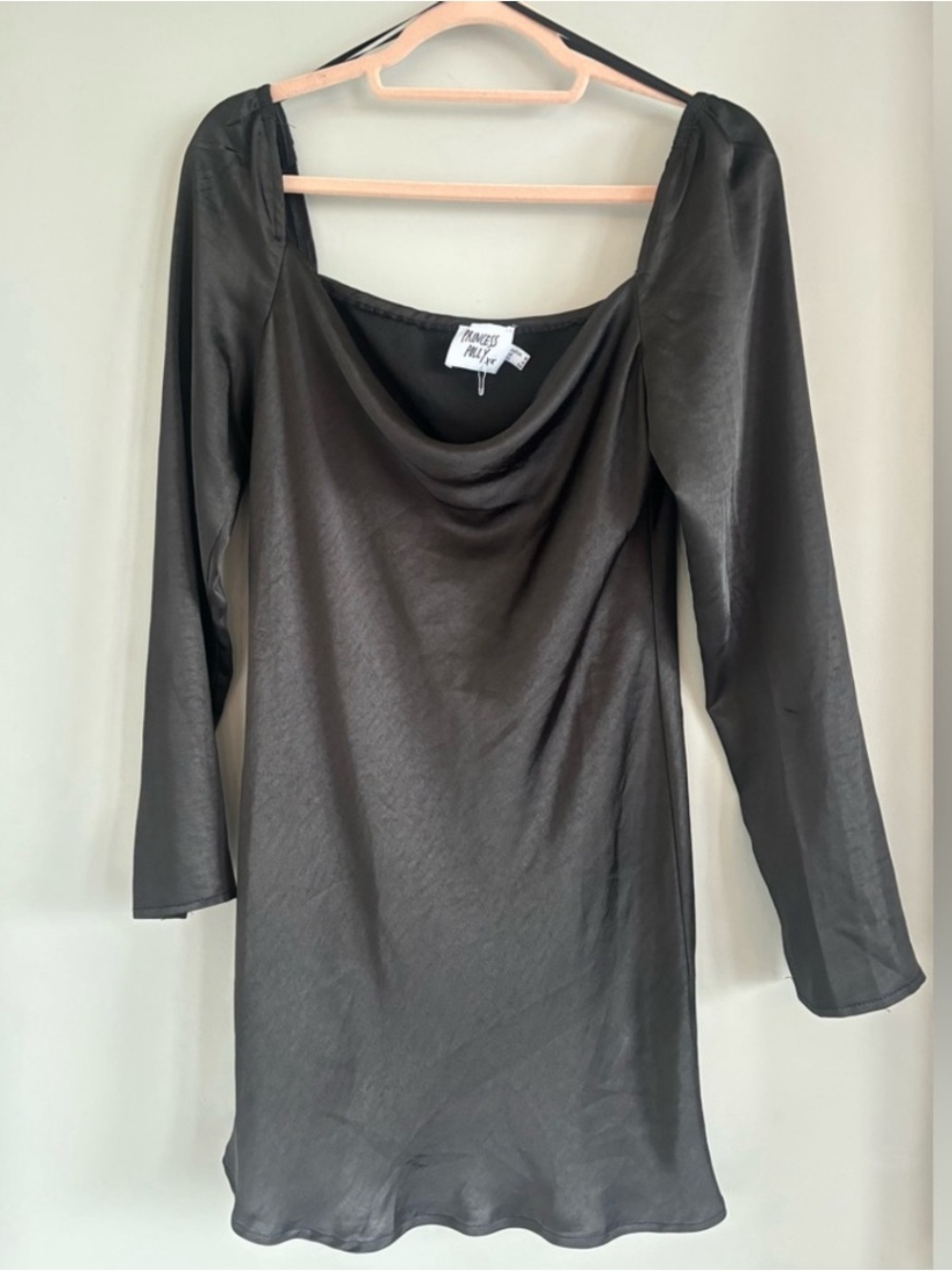 Princess Polly Black Satin Cowl Neck Long Sleeve Dress